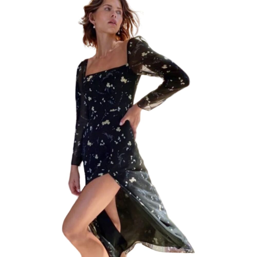 Wilfred Aritzia NWT Mencia Dress Black Floral Print Square Neck Midi Slit Sz 2